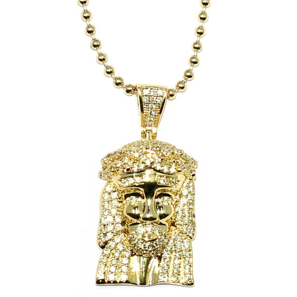 18k Gold CZ Micro Jesus Piece With 30 Inch Ball Chain