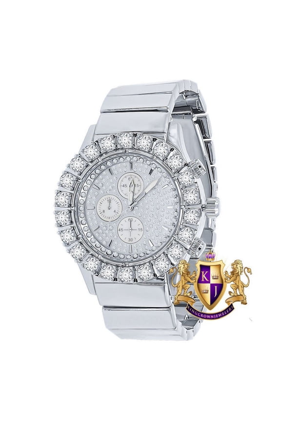 18k Gold Finish Simulated Diamond Stainless Steel Back Water Resistance Men's Metal Watch 44mm