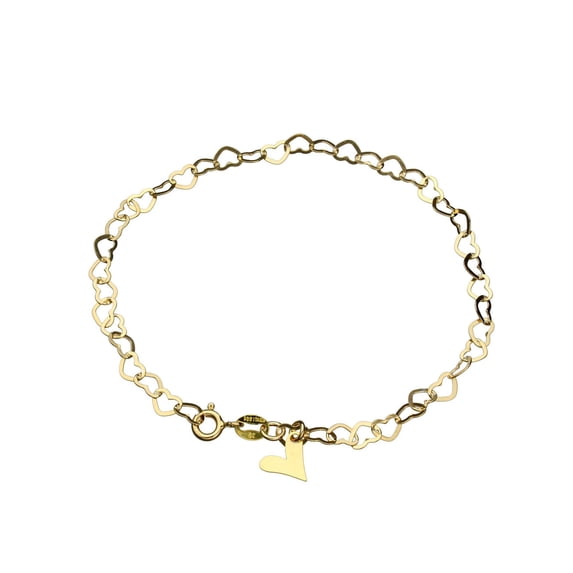 18k Gold-Flashed Sterling Silver Flat Heart Link Charm Anklet Italy Adjustable, 9.5"