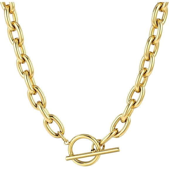 18k Gold Layered Chunky Paperclip Chain Necklace Non Tarnish Toggle Clasp Necklace Stacks Cuban Link Chain Necklace Dainty Gold Paper Clip Necklace Layering Toggle Necklaces for Women