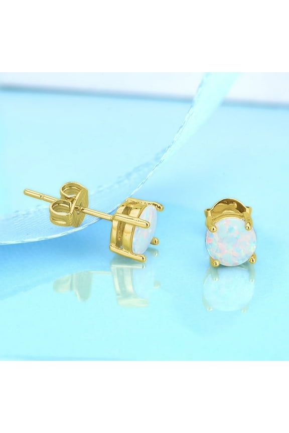 18K Gold Over Sterling Silver Genuine White Fire Opal Stud Earrings
