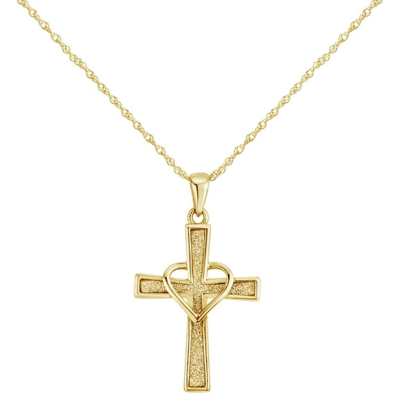 18k Gold Over Sterling Silver Glitter Cross With Heart Pendant Necklace 18 Inches