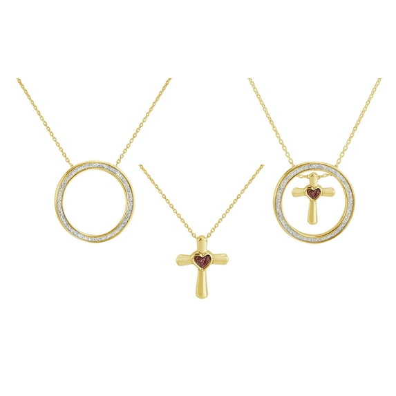 18k Gold Over Sterling Silver Interchangeable Pink Glitter Cross Necklace 18 Inches