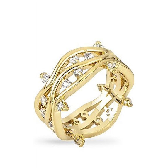 18k Gold Plated Bonded Vinyl Fashion Ring with Round Cut Clear Cubic Zirconia in a Prong Setting Size 9