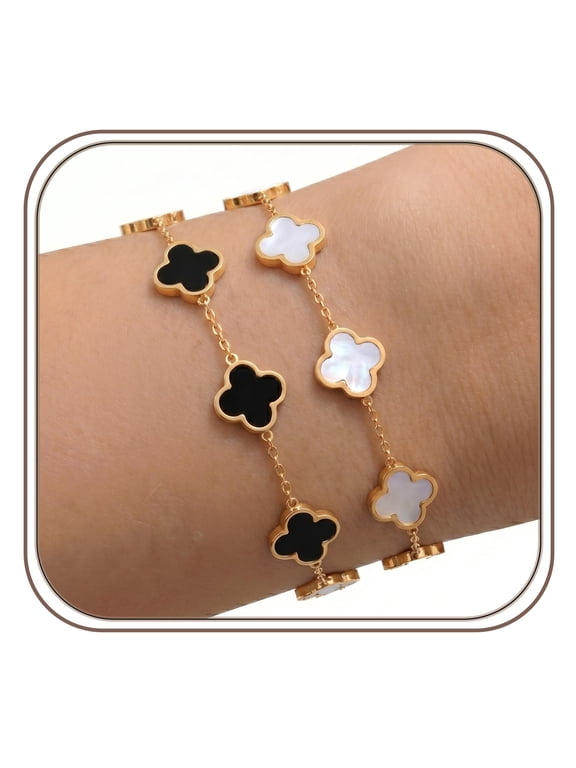 18k Gold Plated Clover Bracelets, Set of 2, Dainty Chic Four-Leaf Clover Lucky Charm Bracelets Sets, Adjustable Sizes, Trendy Jewelry Gifts for Her