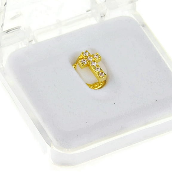 18k Gold Plated Cross Shape CZ Stones Single One Tooth Bottom Teeth Bling Grillz