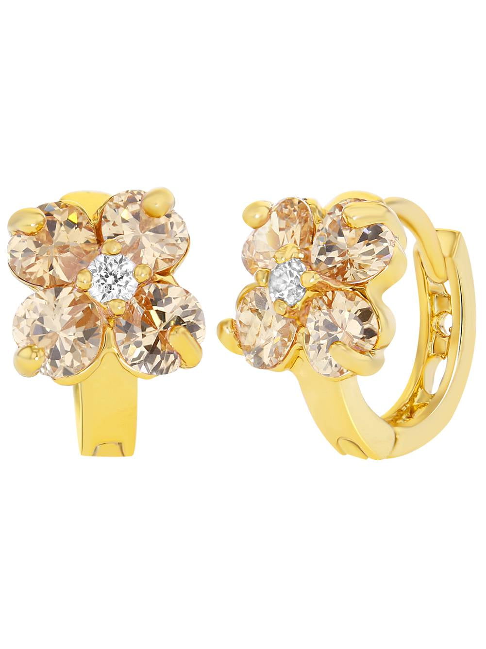 18k Gold Plated Crystal Flower Huggie Hoop Earrings Girls Teens 10mm