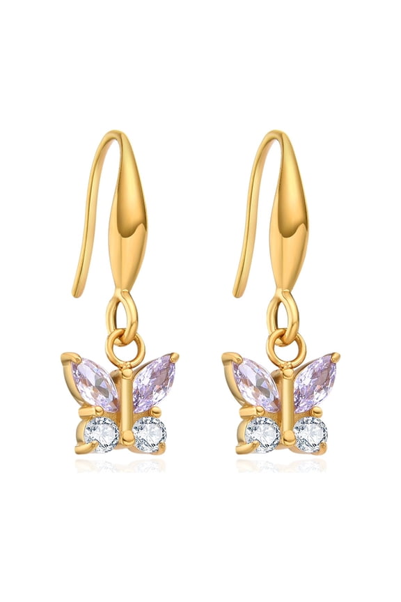 18k Gold Plated Cubic Zirconia Drop Dangle Fish Hook Earrings, Stainless Steel Butterfly Cross Bar CZ Dangling Hook Earrings for Women