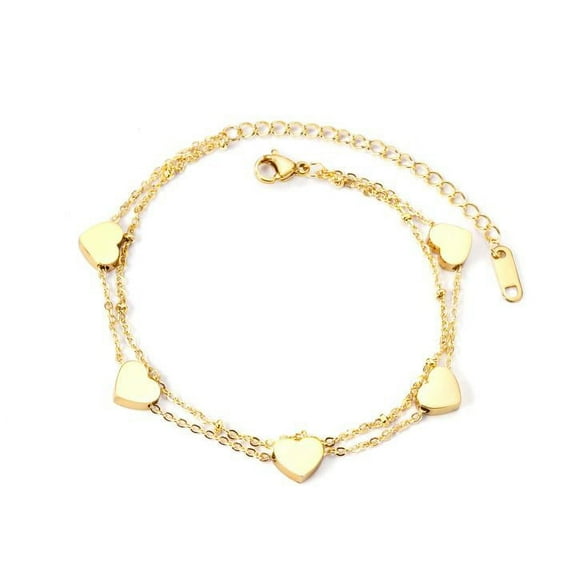 18k Gold Plated Dainty Double Layer Heart Anklets Gold-Plated Stainless-Steel Lobster Clasp Foot Jewelry Tennis Anklet Beach Jewelry