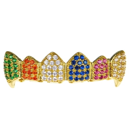 18k Gold Plated Fang Grillz CZ Cubic Zirconia Multi-Color Clown Top Upper Teeth Bling Rainbow Fangs