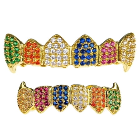 18k Gold Plated Fang Grillz CZ Cubic Zirconia Multi-Color Teeth Bling Rainbow Vampire Fangs