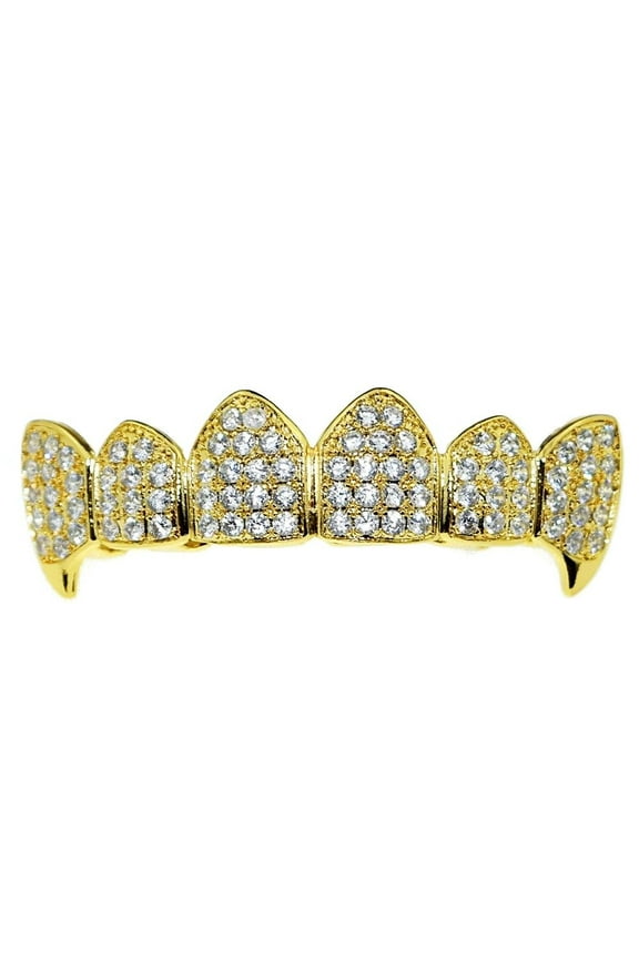 18k Gold Plated Fangs Top Grillz CZ Micro Pave Cubic Zirconia Hip Hop Vampire Fang Teeth Grills