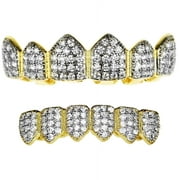 18k Gold Plated Grillz Set CZ Bling Two Tone Top & Bottom Teeth Hip Hop Grills