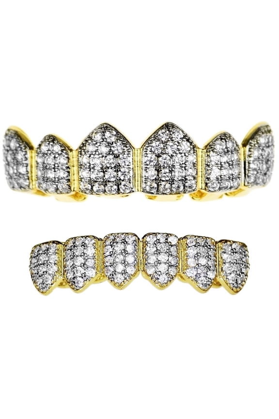 18k Gold Plated Grillz Set CZ Bling Two Tone Top & Bottom Teeth Hip Hop Grills