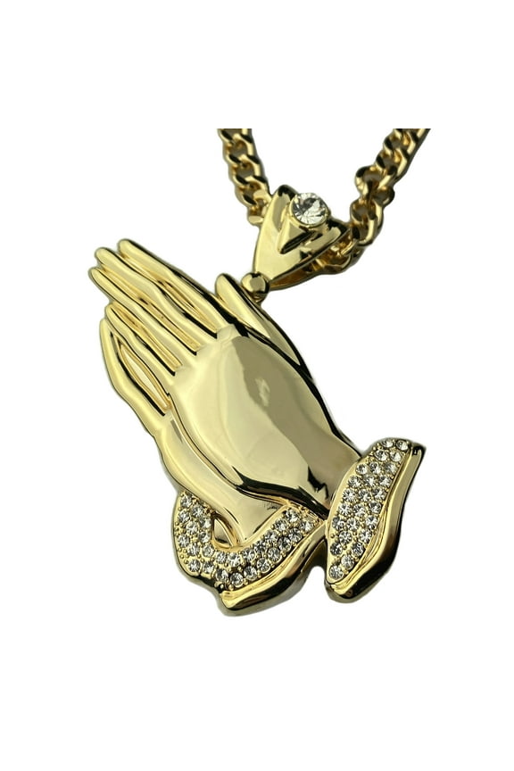 18k Gold Plated Huge Praying Hands Iced Pendant Necklace Cuban Hip Hop Chain 30" Inch