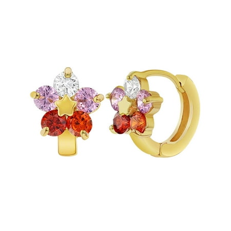 18k Gold Plated Multi Color Crystal Huggie Flower Hoop Earrings 0.35"