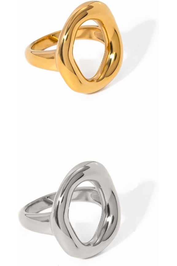 18k Gold Plated Oval Ring for Women, Trendy Geometric Non Tarnish Finger Statement Rings,Fashion Stainless Steel Jewelry Gifts For Birthday Anniversary