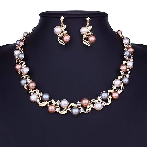 HAYAJEWEL 18k Gold Plated Pearl Necklace Jewellery Set with Fancy Earrings for Girls and Women