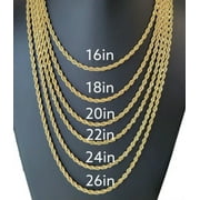 GWENDOGO 18k Gold Plated Stainless Steel Rope Chain Necklace 4mm Size 16" to 26"