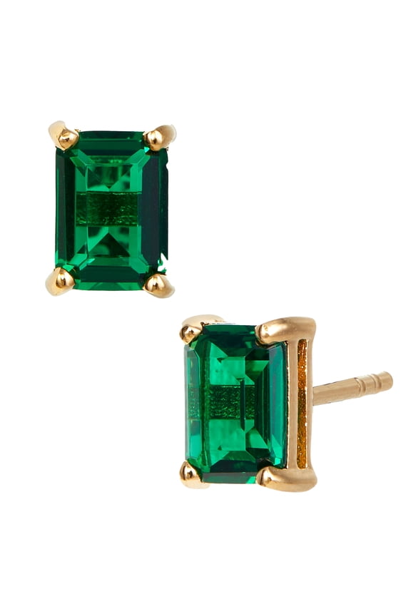 18k Gold Plated Sterling May Lab Created Emerald Cut Birthstone Stud in Box