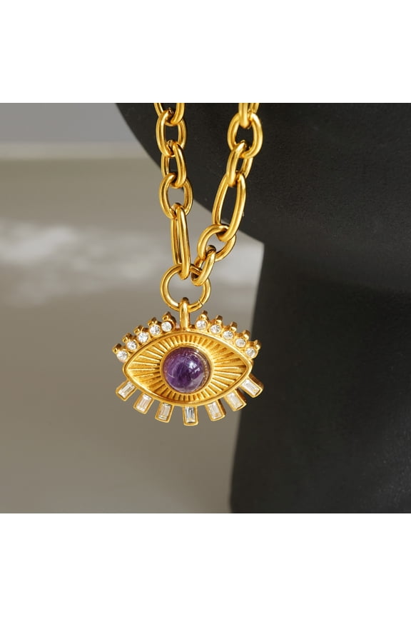 18k Gold Plated Titanium Steel Natural Amethyst Evil Eye Lucky Eye Zircons Pendant Gold Chunky Chain Necklace