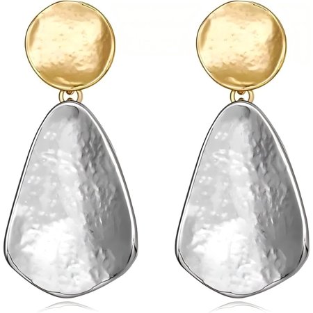 18k Gold Plated Trendy Silvery Two-Tone Earrings for Women|Geometric Chunky Dangle Earring Presents for Her wives, and Mothers|Statement Modern Jewelry for Anniversary, Birthday and Any Othe...[e619]