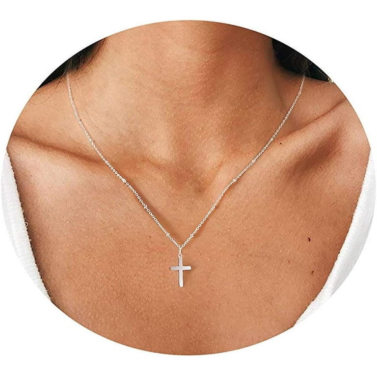 Women Mini Blue Opal Cross Dainty Mini Christian Pendant Necklace Silver  Chain