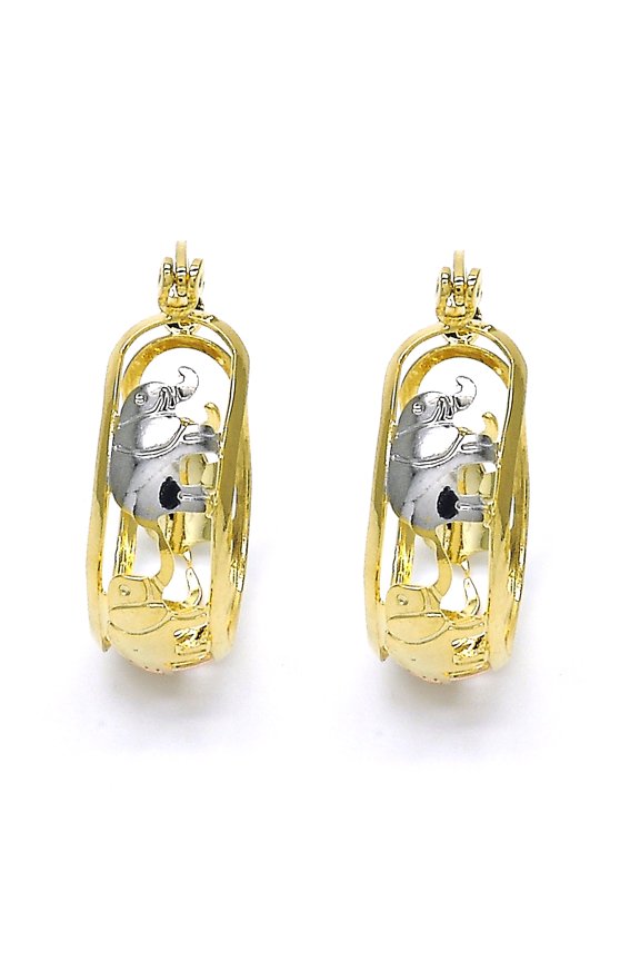 18k Gold Small Hoop, Elephant Design, Tri Tone