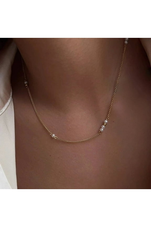 JEWELRY 18K Yellow Gold-Plated Pearl Station Necklace for Women 17"