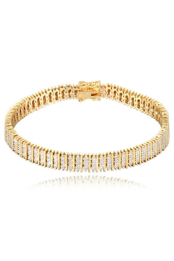 18k Gold plated Wide Triple row link Tennis bracelet with Rhodium Plate over Bronze diamond illusion set secured with a beautiful lobster Clasp 7.25"