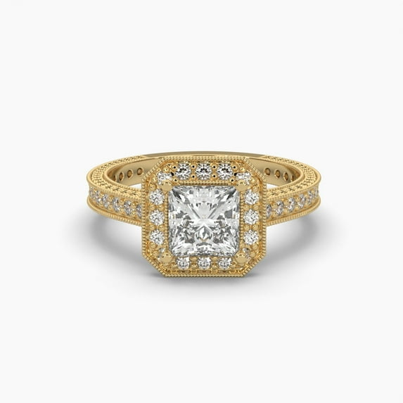 18k Halo Princess-Cut Moissanite Milgrain Ring