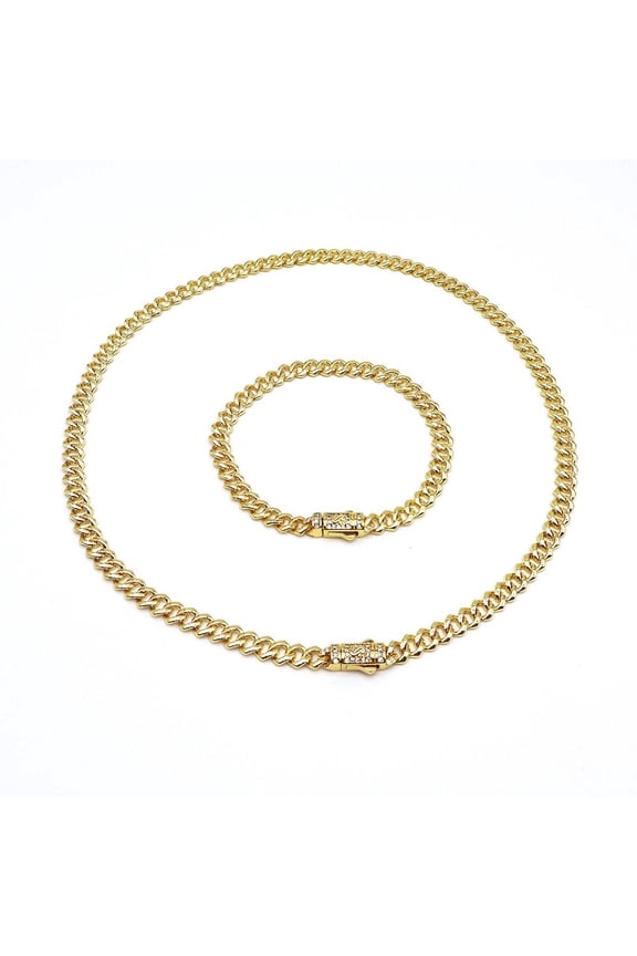 18k Layered Real Gold Plated cuben link set necklace bracelet icedout lock hip hop #188