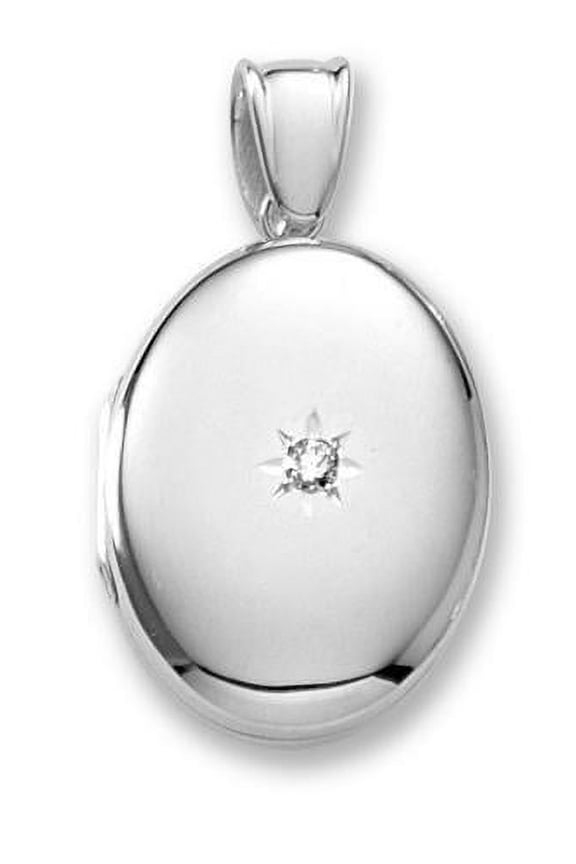 18k Premium Weight White Gold Oval W/ Center Diamond Locket - 3/4 Inch X 1 Inch in 18K