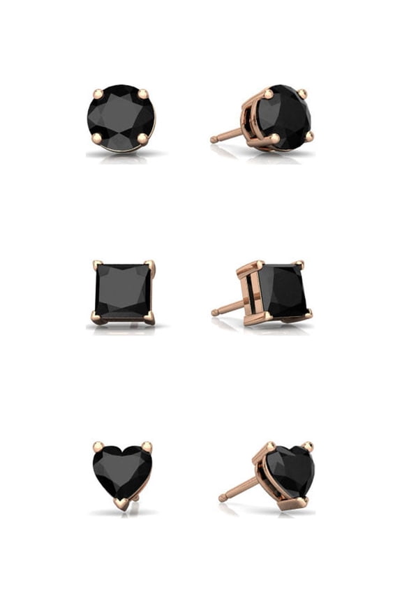 18k Rose Gold 1/4Cttw 4mm Created Black Sapphire 3 Pair Round, Square and Heart Stud Earrings Plated