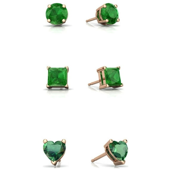 18k Rose Gold 3Cttw 8mm Created Emerald 3 Pair Round, Square and Heart Stud Earrings Plated