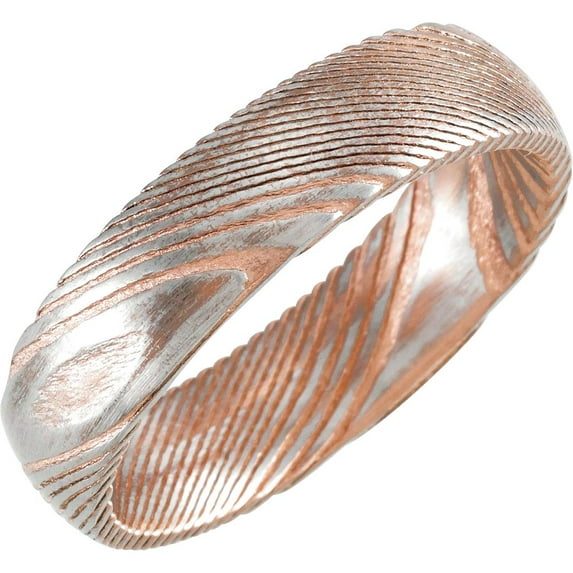 18k Rose Gold Damascus Steel Pvd 6mm Polished Half Round Patterned Band Size 13 Ring for Women and Men