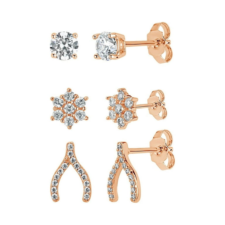 Sterling Silver Rose Gold and Yellow Gold CZ Rose 3 Pair Earrings Set Sterling Silver Rose Gold and Yellow Gold CZ Rose 3 Pair Earrings Set