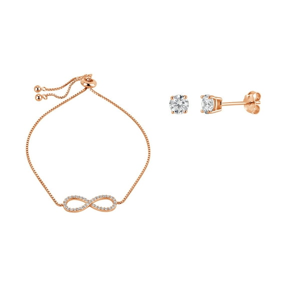 18k Rose Gold Over Sterling Silver White Cubic Zirconia Infinity Bolo Bracelet And Stud Earrings Set