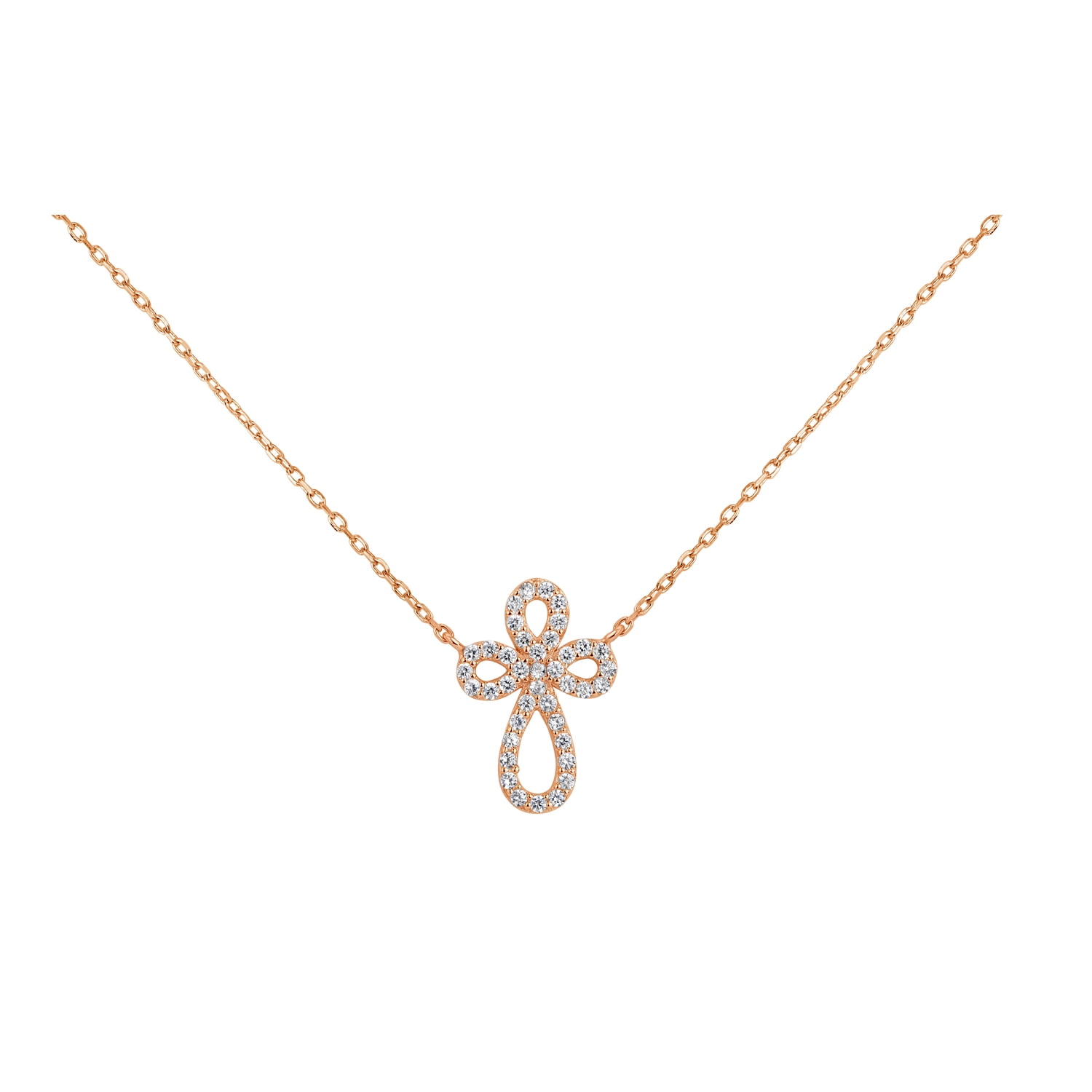 18k Rose Gold Over Sterling Silver White Cubic Zirconia Swirl Cross Necklace 18 Inches