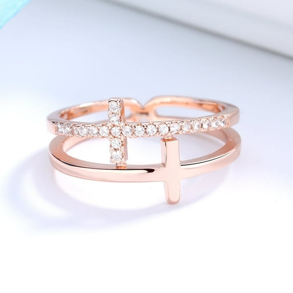 18k Rose Gold Plated Sideways Cross Ring with Crystals
