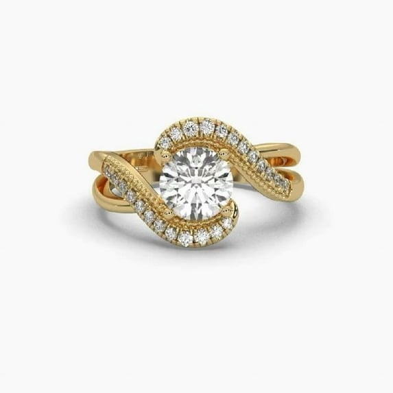 18k Round Moissanite with Halo Swirl Split Band