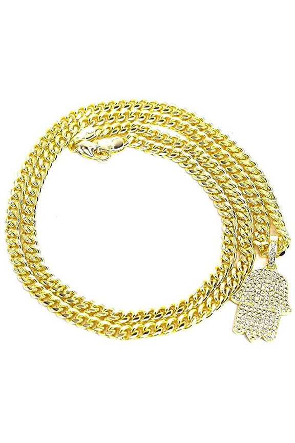 18k Solid Gold Plated Men Cuban Link Chain With Iced Out Hip Hop Hamsa Evil Hand Charm 2 Pieces