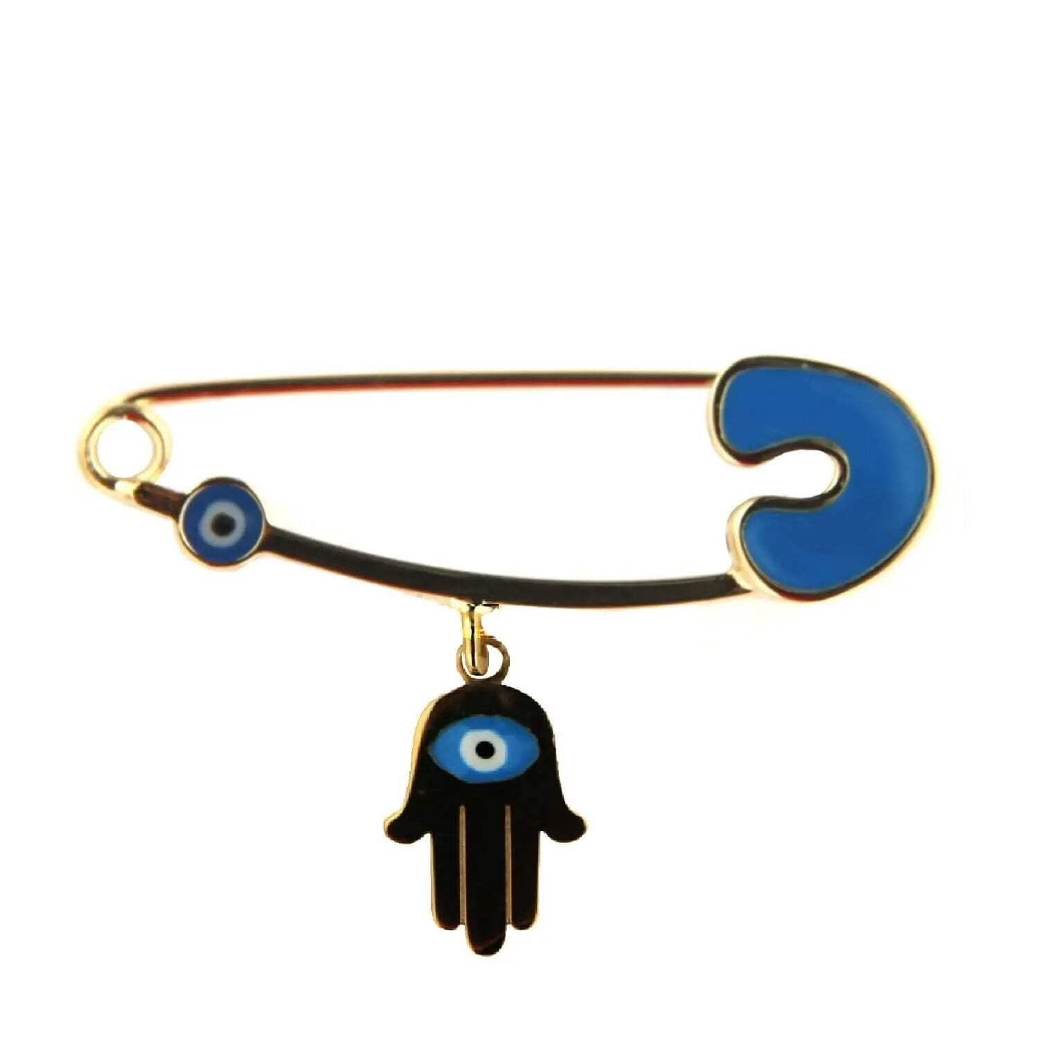 18k Solid Yellow Gold Blue Enamel Mini Eye Safety Pin with Center Blue Eye Hamza Hand 1.14 inch