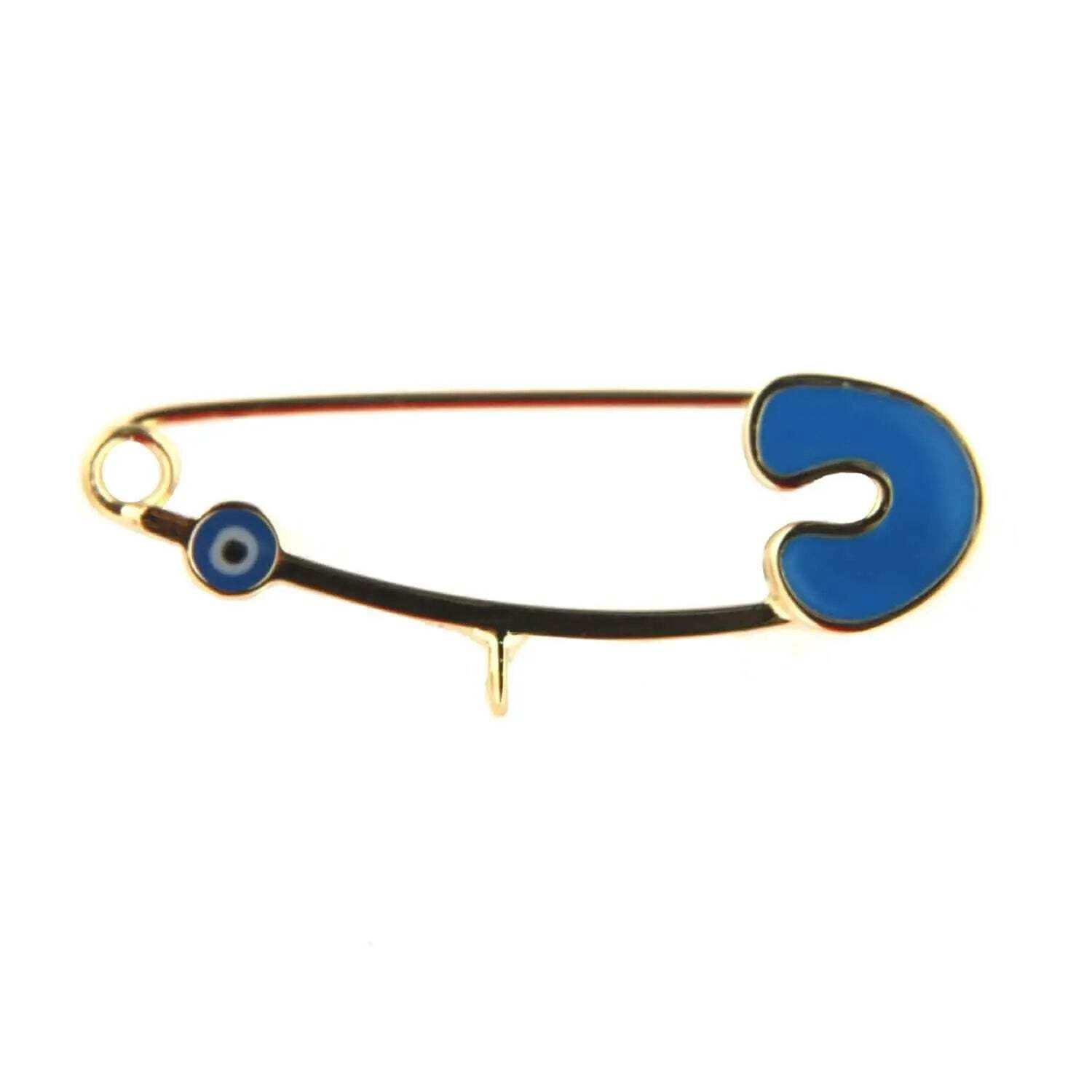 18k Solid Yellow Gold Blue Enamel Mini  Eye Safety Pin with Center Ring 1.14 inch