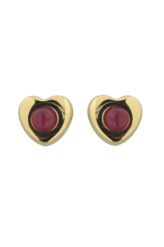 18k Solid Yellow Gold Cabuchon Red Ruby Center Heart covered screwback Earring