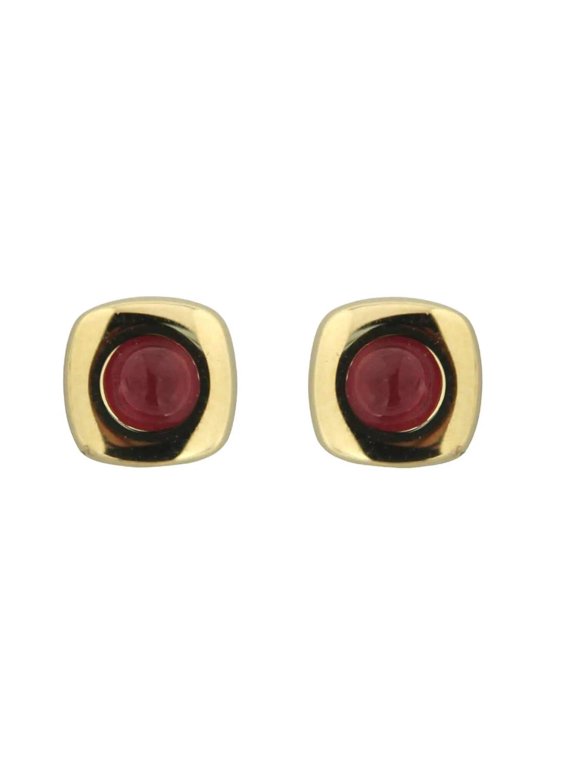 18k Solid Yellow Gold Center Cabochon Ruby  Covered Screwback Earrings