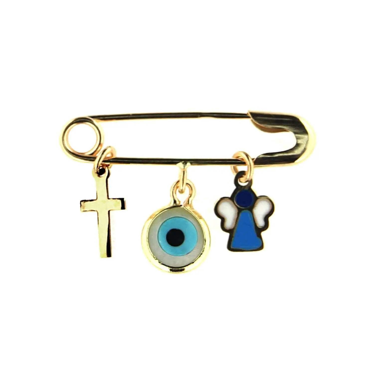 18k Solid Yellow Gold Cross Evil Eye and enamel Angel Safety Pin