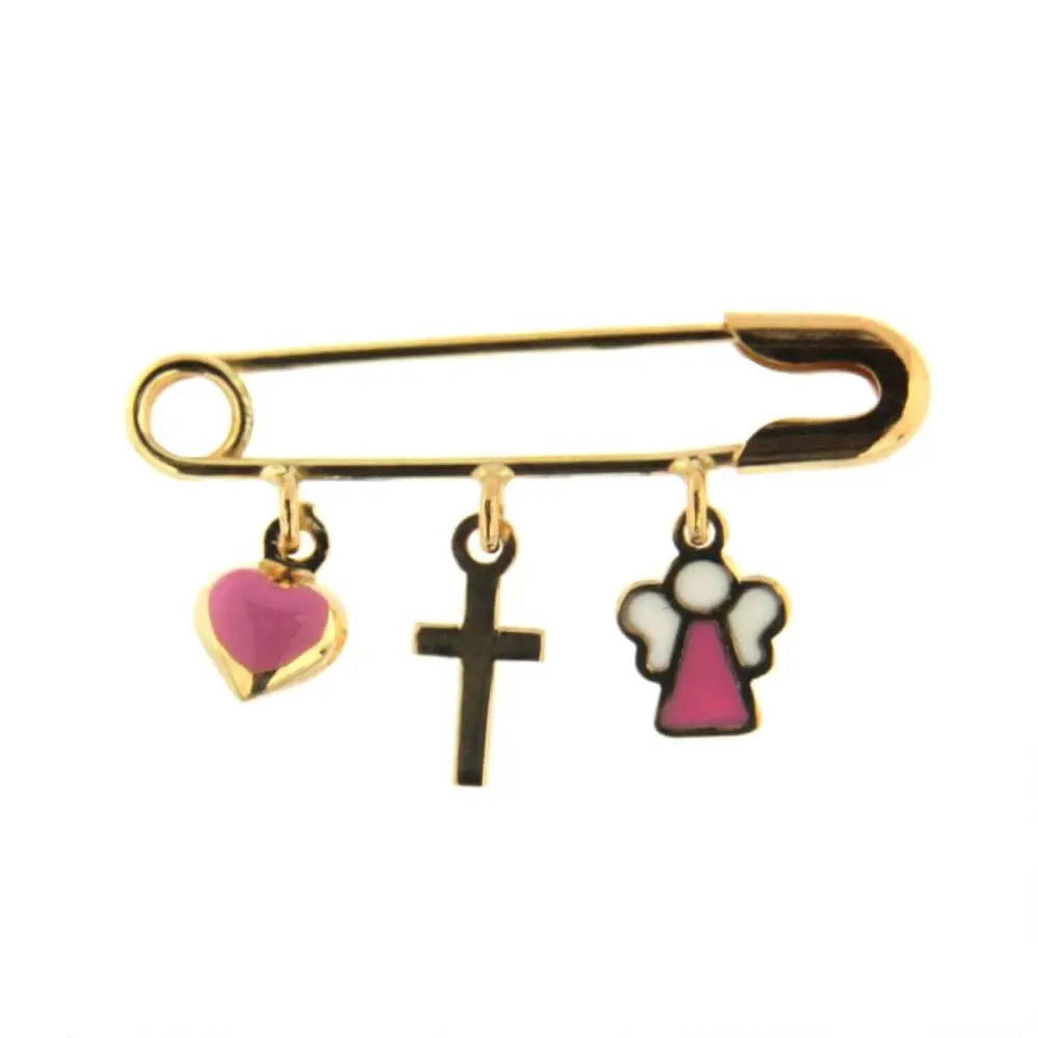 18k Solid Yellow Gold  Cross Pink Heart and Angel Enamel Safety Pin