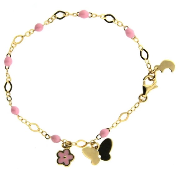 18k Solid Yellow Gold Dangle Butterfly and Pink Enamel Beads and Flower Bracelet