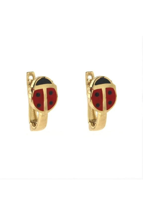 18k Solid Yellow Gold Enamel Lady Bug Lever back Earrings